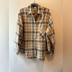 Sans Souci Beige and Black Plaid Casual Button Down Shirt